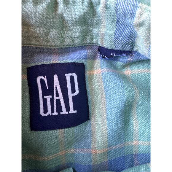 Gap Faded Sea Green Periwinkle Blue Soft Yellow Tattersall Plaid XL Flannel - Picture 2 of 7